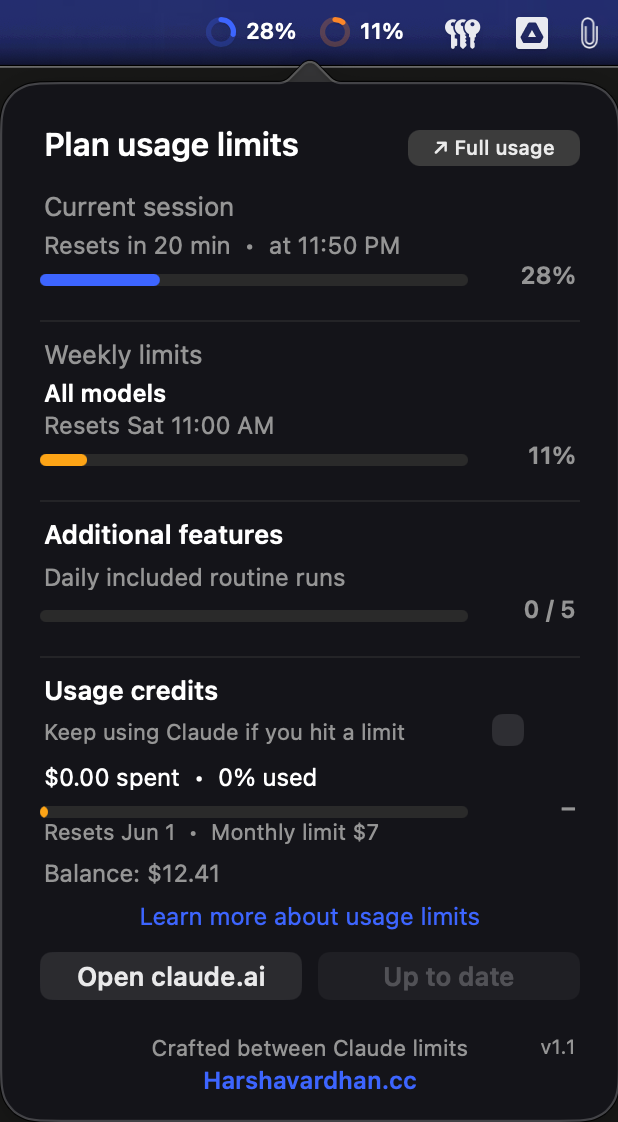 Gauge popover with usage detail